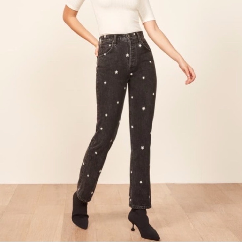 Reformation Cynthia High Relaxed Black Daisy Jeans Size 27 - Picture 1 of 16